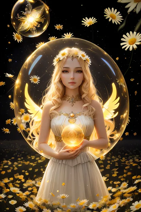 there is a woman holding a crystal ball in a field of daisies, astral fairy, angelic halo, digital art fantasy art, ethereal fantasy, glowing angelic being, goddess of light, angelic golden armor, as the goddess of the sun, fairy cgsociety, 3d cg, 3 d cg, ...