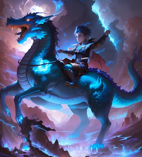 Portrait of a boy riding a dragon in a fantasy scene,Evening Moon, Dragon Rider, epic fantasy digital art style, epic fantasy art style, teenage girl riding a dragon, blue dragon, Dragon Ride, by Yang J, By Jason Chan, Epic Fantasy Illustration, by Ryan Ye...