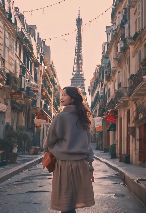 (8K、top-quality、​masterpiece:1.2)、 (realisitic、Photorealsitic:1.37)、 ultra-detailliert、DJSODA、 1 girl in、full bodyesbian、Wearing a turtleneck sweater and skinny jeans、Standing in the streets of Paris with the Eiffel Tower in the background、 cute little、独奏、...