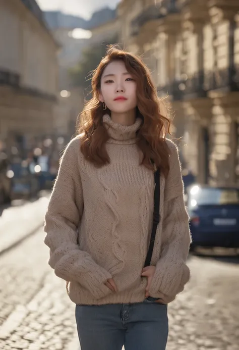 (8K、top-quality、​masterpiece:1.2)、 (realisitic、Photorealsitic:1.37)、 ultra-detailliert、DJSODA、 1 girl in、full bodyesbian、Wearing a turtleneck sweater and skinny jeans、Standing in the streets of Paris with the Eiffel Tower in the background、 cute little、独奏、...