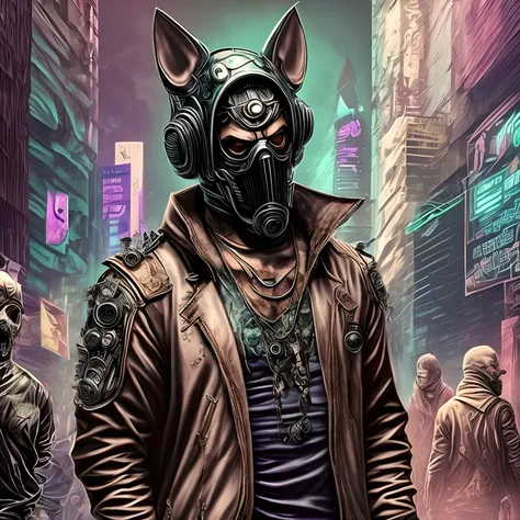 Cyberpunk style, psicodelic, intrincado, hyper detalhado, Group of gangsters with zombie dog mask.