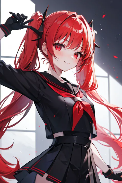 {masterpiece, 1girl, drill twintails, red hair, black sailor uniform, red eyes, smile, light blush}, {dynamic angle, dramatic_angle, dynamic pose, cinematic camera, school}, {glow_white_particles, intricete details, depth of field},