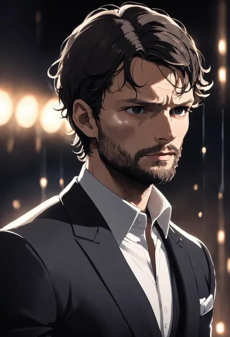 (Man wearing black suit without tie), ), (wearing beard,) attractive and serious look, short dark hair, stylish and elegant, shaved and strong body fitted in the suit, show body, man similar to actor jamie dornan, (high quality and realistic image), in the...