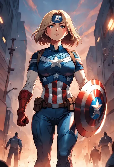 "A detailed illustration of a 45-year-old woman as Captain America wearing a T-shirt, olhando para o horizonte."