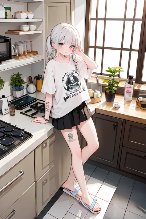 A young white woman with a spectrum of tattoos and hair stands in her kitchen, her t-shirt and slippers the only clothing she wears as she enjoys her freshly brewed coffee.