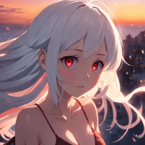 tmasterpiece，best qualtiy，cinematic Film still from，1girl，White hair, red eyes，Floating in the sky，closeup cleavage，brightly，cheerfulness，Warm and soft lighting，the sunset，（spark of light：0.7）