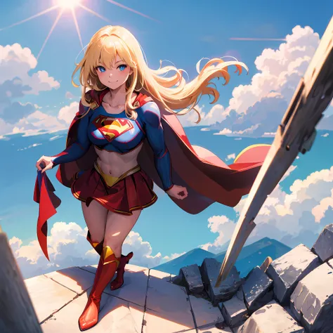 masterpiece, 4k, 8k, high quality, highly detailed, detailed face, HDR, vivid colors, natural lighting, Best Shadows, Shallow Depth of Field, Portrait of (Supergirl:1.1) standing on a rooftop, smiling, red skirt, red cape, red boots with heels, delicate, a...