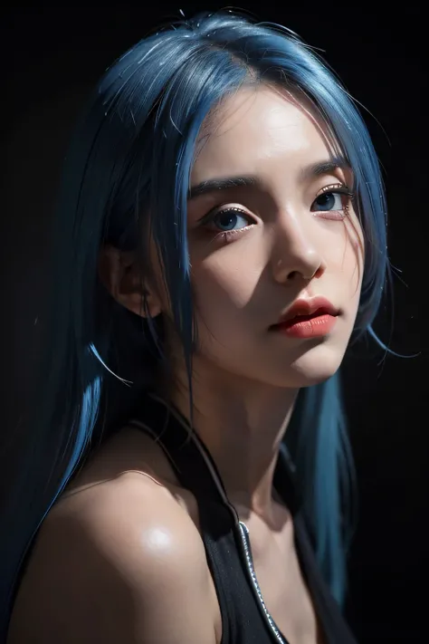 Blue-haired girl，Drooping eyes，Hyper-realistic，Photo texture，Extremely beautiful。