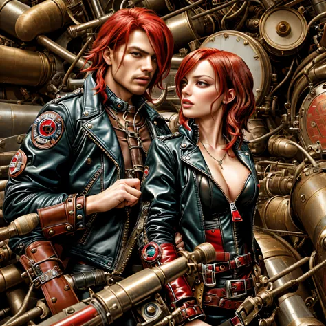 steampunk, sexy woman, (polyvinyl Jacket With Rivets:1.3), (floating red hair:1.4), (open zipper:1.5), (sexy:1.5), (erotic:1.5), best quality, sunlight, detailed face, gorgeous eyes, realistic skin details, high quality, seen from below, translucent, (volu...