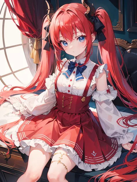 {{best quality}}, {{masterpiece}}, {{ultra-detailed}}, {illustration}, {detailed light}, red hair,blue eyes,twintails,lolita,Suspenders skirt,Fantastic,loli,solo,Dragon horns,little girl,long hair