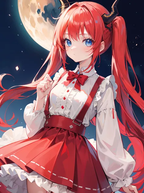 {{best quality}}, {{masterpiece}}, {{ultra-detailed}}, {illustration}, {detailed light}, red hair,blue eyes,twintails,lolita,Suspenders skirt,Fantastic,loli,solo,Dragon horns,little girl,long hair