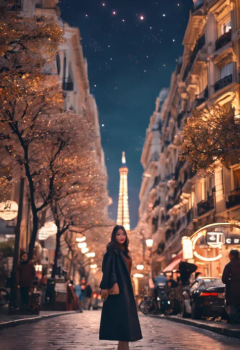 (8K、top-quality、​masterpiece:1.2)、 (realisitic、Photorealsitic:1.37)、 ultra-detailliert、DJSODA、 1 girl in、full bodyesbian、Wearing a turtleneck sweater and skinny jeans、Standing in the streets of Paris with the Eiffel Tower in the background、 cute little、独奏、...