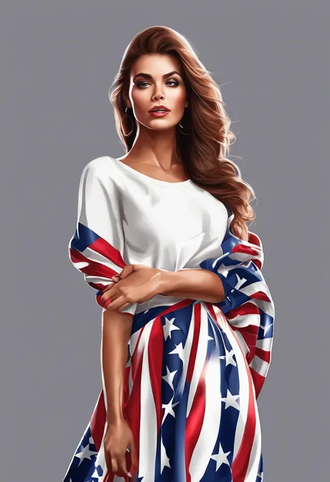 a hyperrealistic portrait of a beautiful glamour woman blends out of the American flag style paint, flat color, illustrator, vector