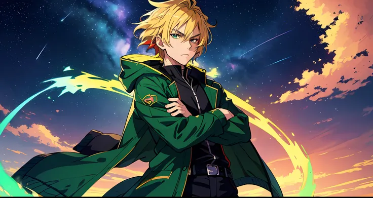 anime boy (male),serious look,short blonde hair,mechanical right arm,green jacket,4k,black katana with red accents and green aura,arms crossed,bright night sky scenery with stars