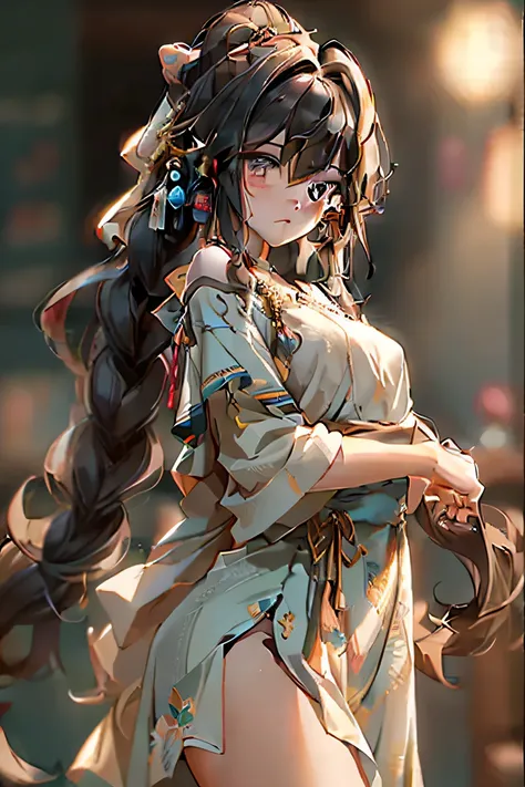 A sweet girl in an off-the-shoulder summer dress。The colors are mainly light blue and blue，The overall impression is sweet and showy。The picture is mainly of the girls upper body，Adopt the pose of a cowboy avatar，Look straight at the audience。"Masterpiece"...