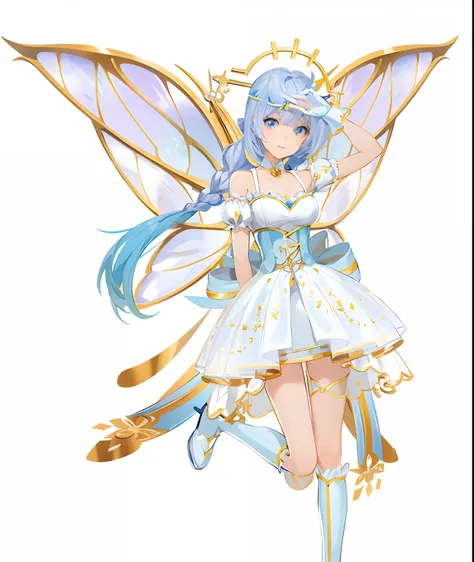 Anime fairy with blue hair and white dress holding a magic wand, smiling as a queen of fairies, astral fairy, official character art, pixie character, ethereal wings, official character illustration, render of april, Beautiful fairy, high detailed official...