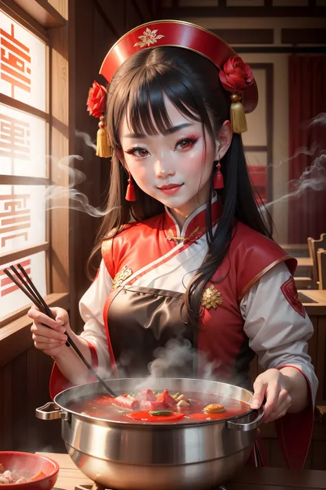 Peking Opera face
The girl smiled
The hot pot is steaming
Chopsticks hold slices of meat and vegetables
Bright red peppers and spices
A steaming soup base
Wooden furniture and red curtains