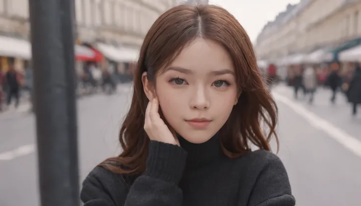 (8K、top-quality、​masterpiece:1.2)、 (realisitic、Photorealsitic:1.37)、 ultra-detailliert、DJ Soda、 1 girl in、full body Esbian、Wearing a turtleneck sweater and skinny jeans、Stand in the streets of Paris with the Arc de Triomphe in the background、 cute little、独...