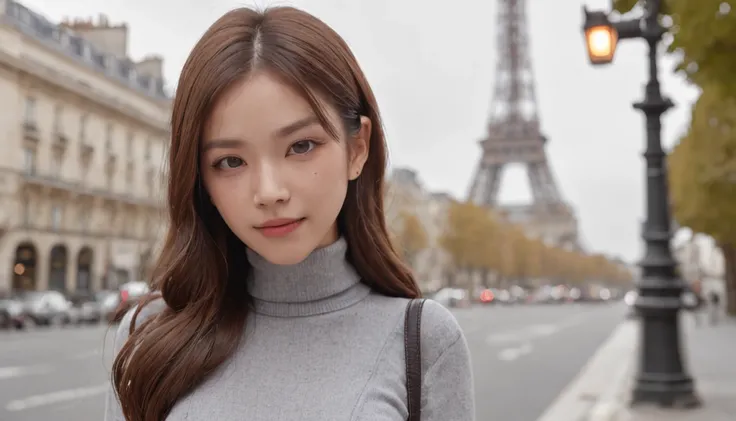 (8K、top-quality、​masterpiece:1.2)、 (realisitic、Photorealsitic:1.37)、 ultra-detailliert、DJ Soda、 1 girl in、full body Esbian、Wearing a turtleneck sweater and skinny jeans、Stand in the streets of Paris with the Arc de Triomphe in the background、 cute little、独...