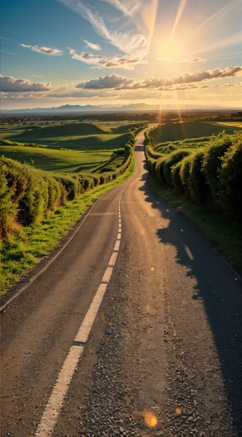 Image of a long and winding road，Bright light leading to the horizon,bright morning，suns rays