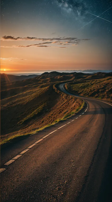 An image of a long, winding road, leading to a bright light on the horizon