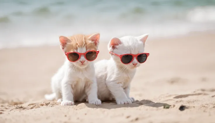 kittens with sunglasses drinking cocktail, on the beach, photo, party