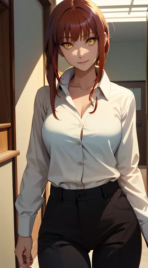 (masterpiece, best quality:1.2), solo, 1girl, red hair, yellow eyes, makima,, unbuttoned shirt with collar, on the chest, a lot of, black unbuttoned pants, wide hips.