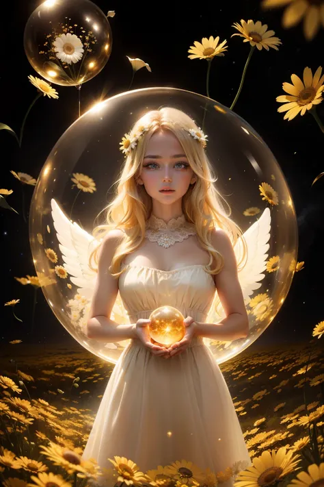 in a golden transparent glass  bubble, dark stary background, beautiful blond 30-years-old angel with daisy, 64k resolution hyperdetailed