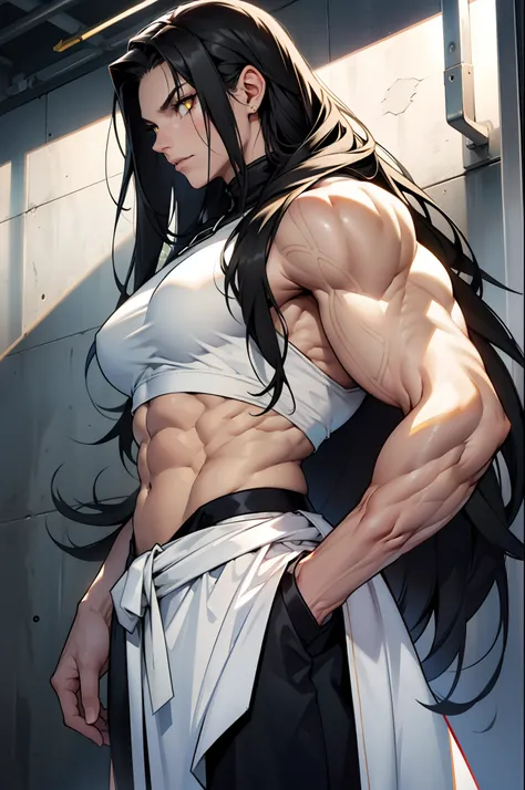 ((((1 girl)))), black hair, yellow eyes, very long hair, ((((muscular)))), tall, pale skin