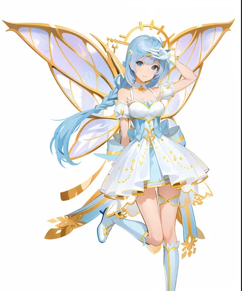 Anime fairy with blue hair and white dress, smiling as a queen of fairies, astral fairy, official character art, pixie character, ethereal wings, official character illustration, , Beautiful fairy, high detailed official artwork, offcial art, beautiful adu...