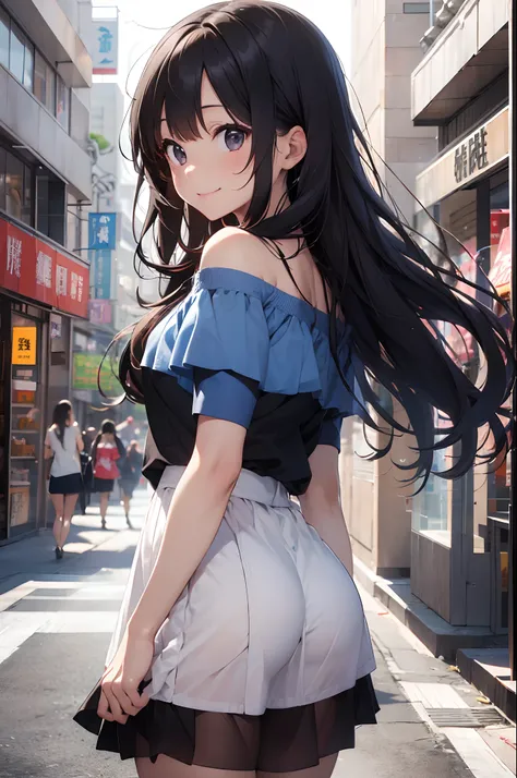 (8K, Raw photography, top-quality, ​masterpiece:1.2), 1girl in, 3 d,A dark-haired、The long-haired、posterior view、Off-shoulder short sleeve blouse、flare miniskirt、Asian, shopping mall、A smile、