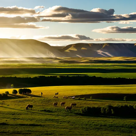 araf in the field，the bright sun shone on them,green grasslands, open plains, midday sun, rolling hills, , grass field, vast exp...