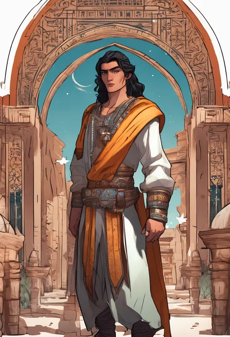 In ancient Baghdad, Imaginative concept art, inspired by Lora,  cartoon style, 2D, masterpiece, best quality, top quality, UHD, 4k, 8k, 32k, Sharp Focus, Full body, full body shot, Perfect Body, A handsome 16 year-old boy named aliala with long black hair,...