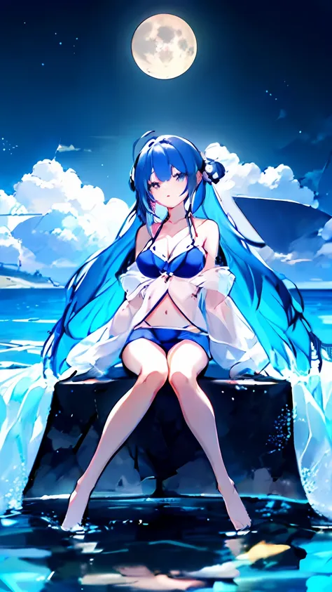 Anime girl sitting on rock in water，The background is the full moon, wallpaper anime blue water, Highest rated on Pisif, Azure Ocean, in a bathing suit, mikudayo, Pisif, blue bikini, nightcore, azur lane style, swimsuit, Pisif style, Loli, Official artwork...