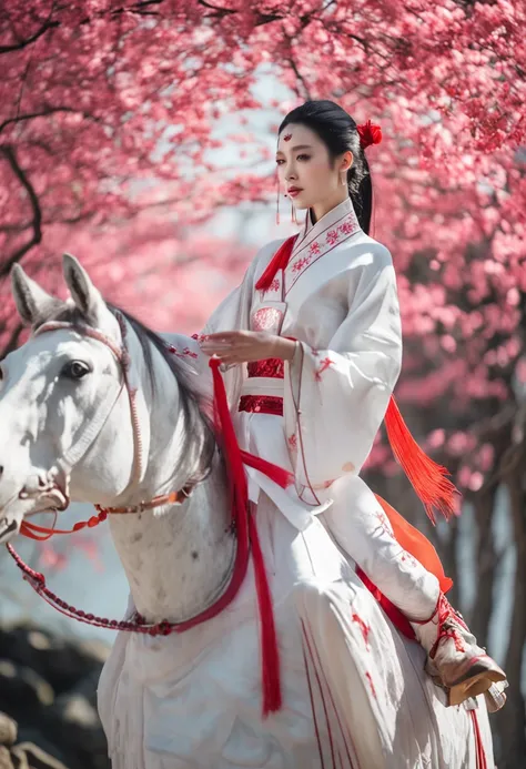 A woman dressed in traditional clothing rides a horse through a bamboo forest, Hanfu, Palace ， A girl in Hanfu, White Hanfu, Wuxia, full-body wuxia, Wearing ancient Chinese clothes, xianxia fantasy, with acient chinese clothes, Chinese costume, Anime girl ...