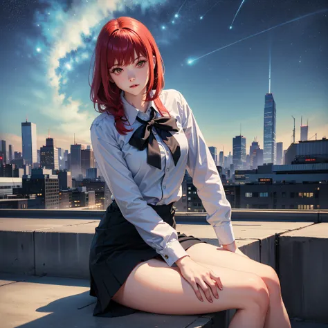 (masterpiece, best quality, high quality, highres),
1girl, best shadow, red hair, white shirt, black tie, no panties, sexy
(cityscape:1.3), (starry sky:1.3),