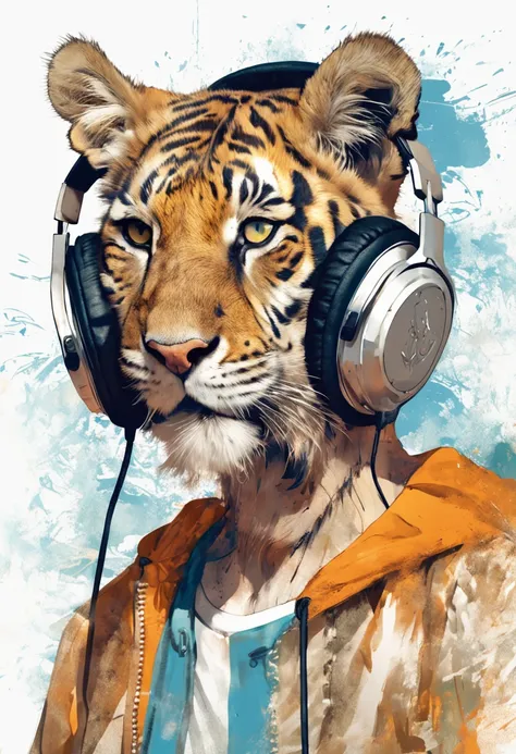 Perfect centering, A cute little tiger, Wear a student team jacket, Wearing sunglasses, Wearing headphones, cheerfulness, Standing position, Abstract beauty, Centered, Looking at the camera, Facing the camera, nearing perfection, Dynamic, Highly detailed, ...