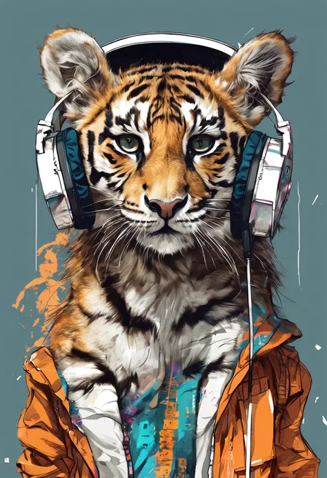 Perfect centering, A cute little tiger, Wear a student team jacket, Wearing sunglasses, Wearing headphones, cheerfulness, Standing position, Abstract beauty, Centered, Looking at the camera, Facing the camera, nearing perfection, Dynamic, Highly detailed, ...