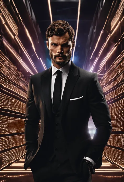 (Man wearing black suit without tie), ), (wearing beard,) attractive and serious look, short dark hair, stylish and elegant, shaved and strong body fitted in the suit, show body, man similar to actor jamie dornan, (high quality and realistic image), in the...