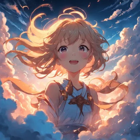 masterpiece, best quality, movie still, 1girl, cloud girl, floating in the sky, close-up, bright, happy, warm soft lighting, sunset, (sparks:0.7)