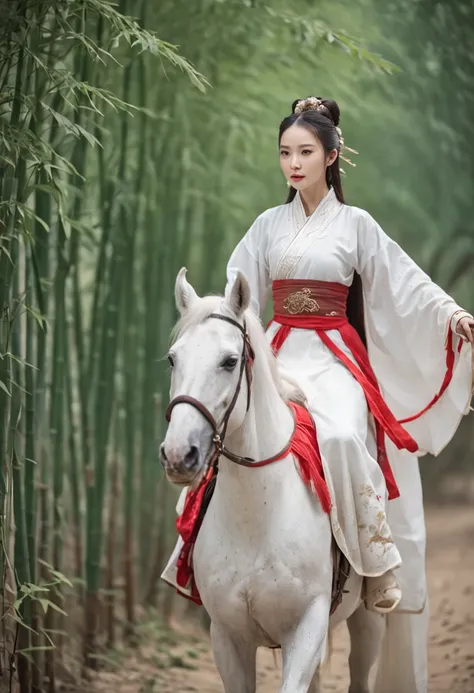 A woman dressed in traditional clothing rides a horse through a bamboo forest, Hanfu, Palace ， A girl in Hanfu, White Hanfu, Wuxia, full-body wuxia, Wearing ancient Chinese clothes, xianxia fantasy, with acient chinese clothes, Chinese costume, Anime girl ...