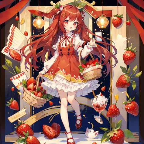 Standing Picture、full bodyesbian、cute little、​masterpiece、top-quality、Top image quality、Ichigo、Strawberry hair ornament、Basket with strawberries、Strawberry dress、Red ribbons