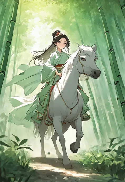 A woman dressed in traditional clothing rides a horse through a bamboo forest, Hanfu, Palace ， A girl in Hanfu, White Hanfu, Wuxia, full-body wuxia, Wearing ancient Chinese clothes, xianxia fantasy, with acient chinese clothes, Chinese costume, Anime girl ...