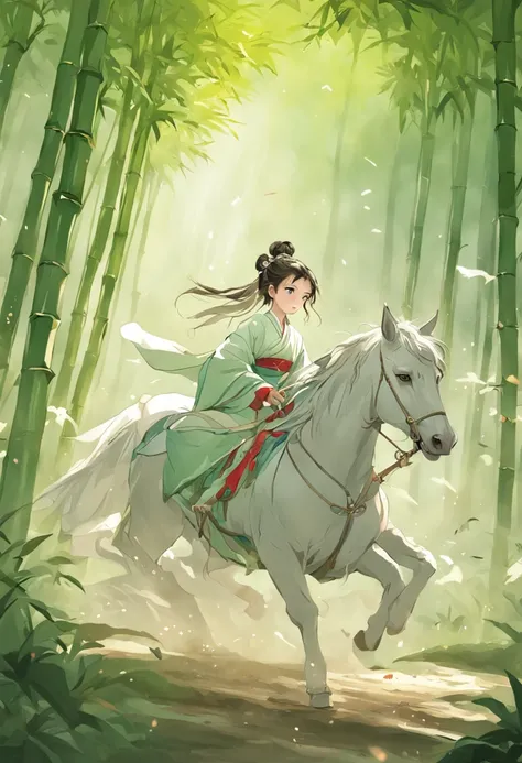 A woman dressed in traditional clothing rides a horse through a bamboo forest, Hanfu, Palace ， A girl in Hanfu, White Hanfu, Wuxia, full-body wuxia, Wearing ancient Chinese clothes, xianxia fantasy, with acient chinese clothes, Chinese costume, Anime girl ...