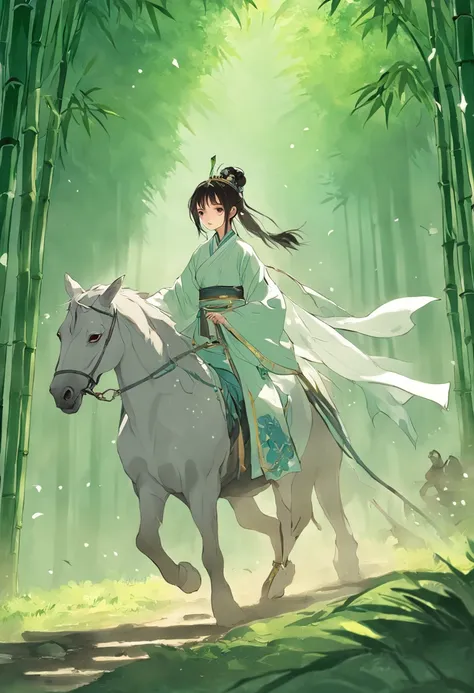 A woman dressed in traditional clothing rides a horse through a bamboo forest, Hanfu, Palace ， A girl in Hanfu, White Hanfu, Wuxia, full-body wuxia, Wearing ancient Chinese clothes, xianxia fantasy, with acient chinese clothes, Chinese costume, Anime girl ...