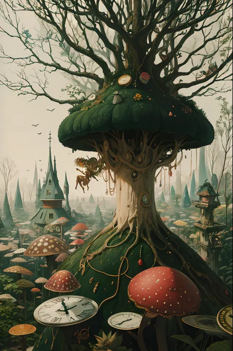 (surreal art:1.4), style of Salvador Dali, style of Hieronymus Bosch, masterpiece, highest quality, absurdres, incredible details, extremely intricate, professional painting, beautiful, visually stunning, gorgeous, 1girl, forest theme, giant mushrooms, mel...