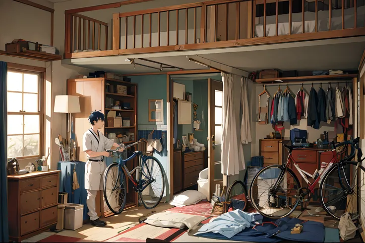 japanese man 50 years old, maintenance vintage bicycle with plier tool , in his room in modern mansion , light in his room, 4 vintage bicycles in his room