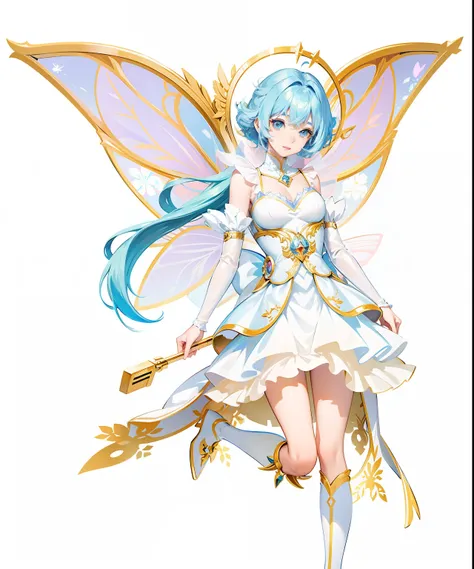 Anime fairy with blue hair and white dress, smiling as a queen of fairies, astral fairy, official character art, pixie character, ethereal wings, official character illustration, , Beautiful fairy, high detailed official artwork, offcial art, beautiful adu...