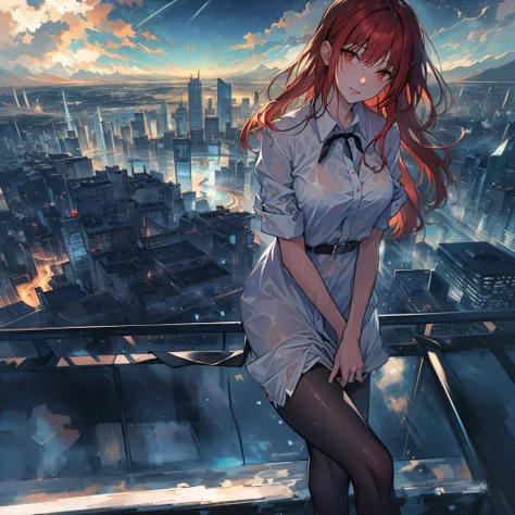 (masterpiece, best quality, high quality, highres),
1girl, best shadow, red hair, white shirt, black tie, sexies, wet, no panties,
(cityscape:1.3), (starry sky:1.3),