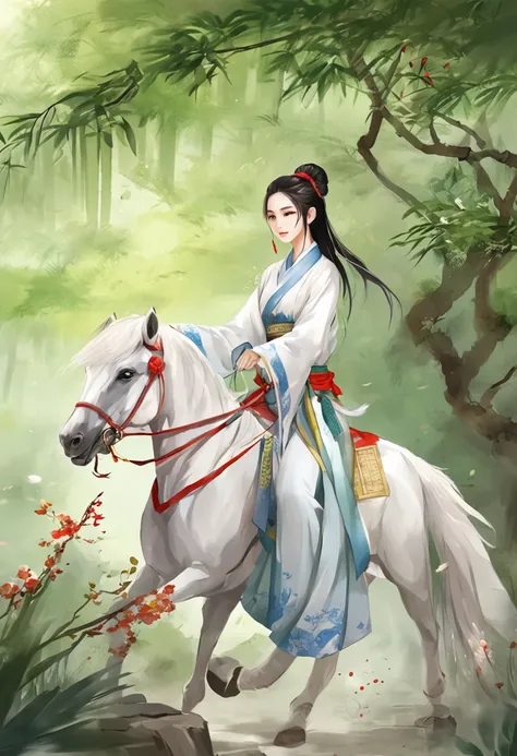 A woman dressed in traditional clothing rides a horse through a bamboo forest, Hanfu, Palace ， A girl in Hanfu, White Hanfu, Wuxia, full-body wuxia, Wearing ancient Chinese clothes, xianxia fantasy, with acient chinese clothes, Chinese costume, Anime girl ...